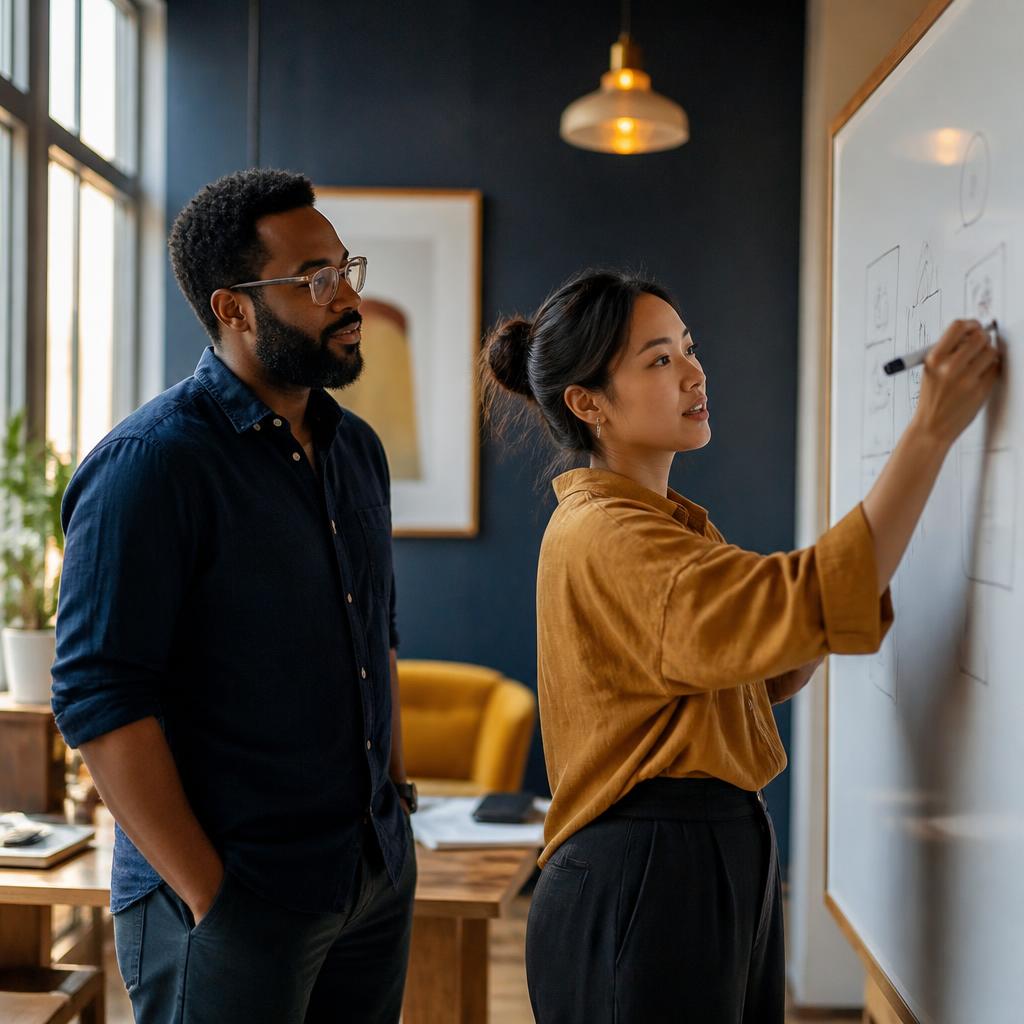 Two founders sketching an operating plan on a whiteboard in a modern office