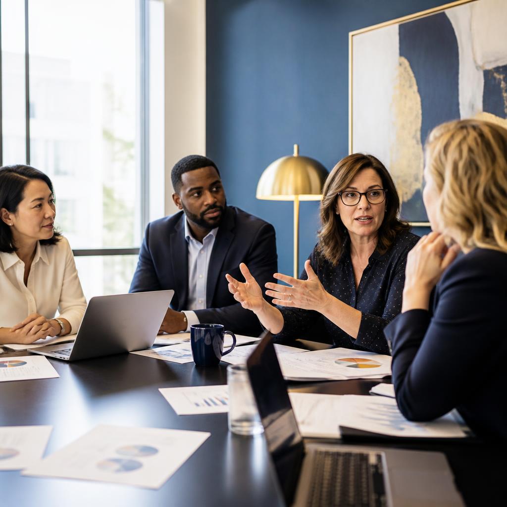 A small leadership team discussing priorities around a conference table